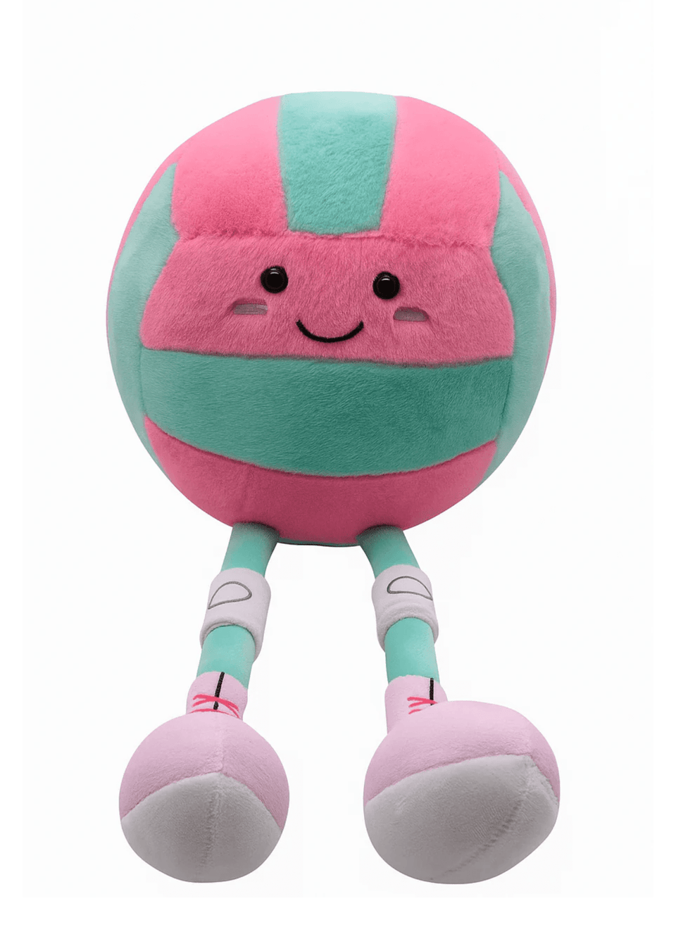 Plush toy shaped like a volleyball with legs and arms on a white background